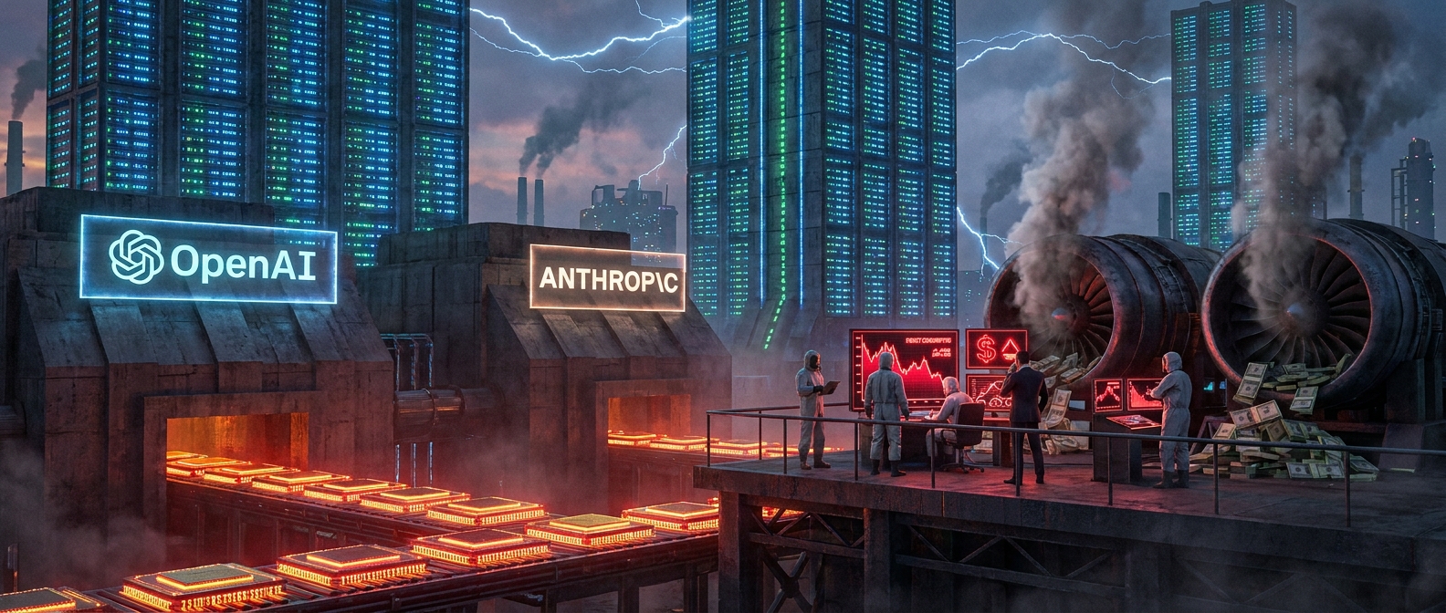 OpenAI and Anthropic burning compute in a futuristic industrial skyline