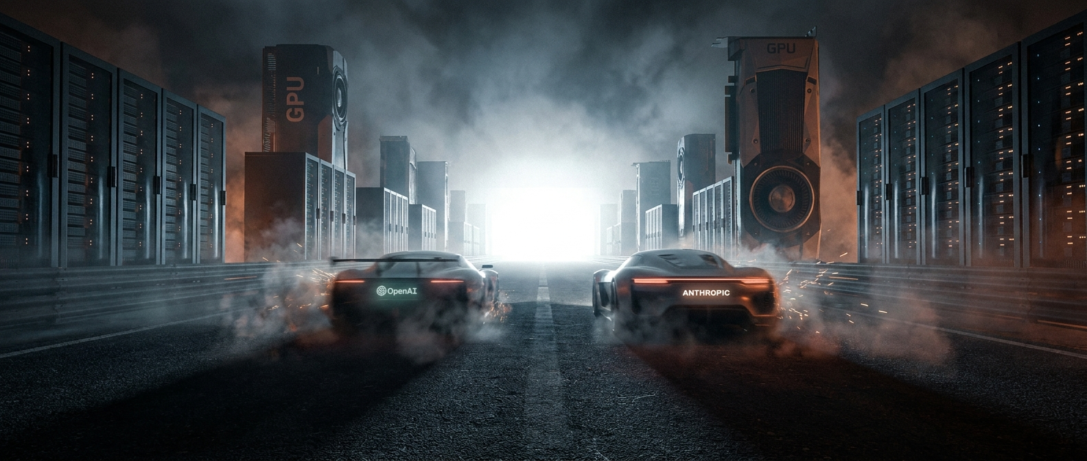OpenAI and Anthropic cars accelerating into a blinding finish line