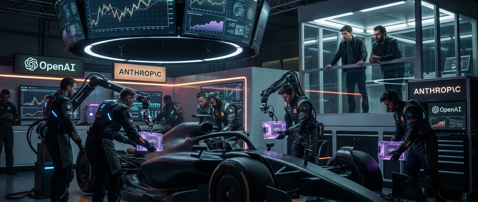 Pit crew swapping GPUs in a futuristic garage
