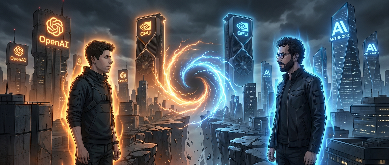Sam Altman and Dario Amodei facing off in a futuristic AI skyline